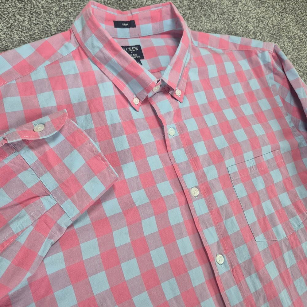 J.Crew Flex Washed Shirt Mens XL Pink Blue Gingham Check Slim Fit Button Down